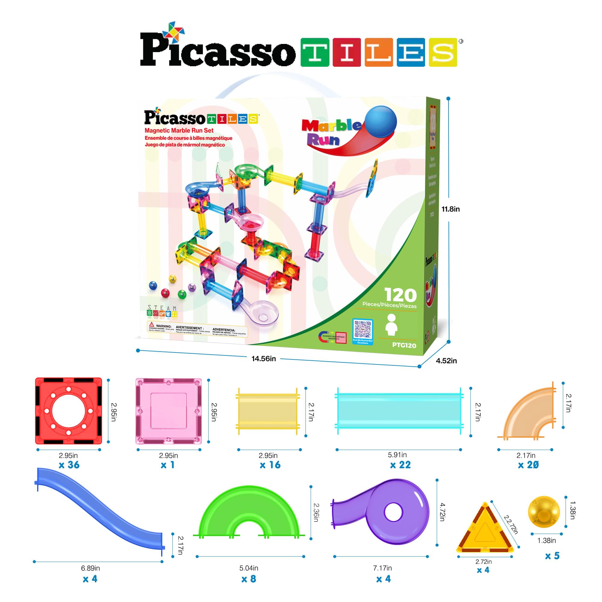 PicassoTiles slope and funnel tiles enable gravity-powered marble paths and problem-solving.