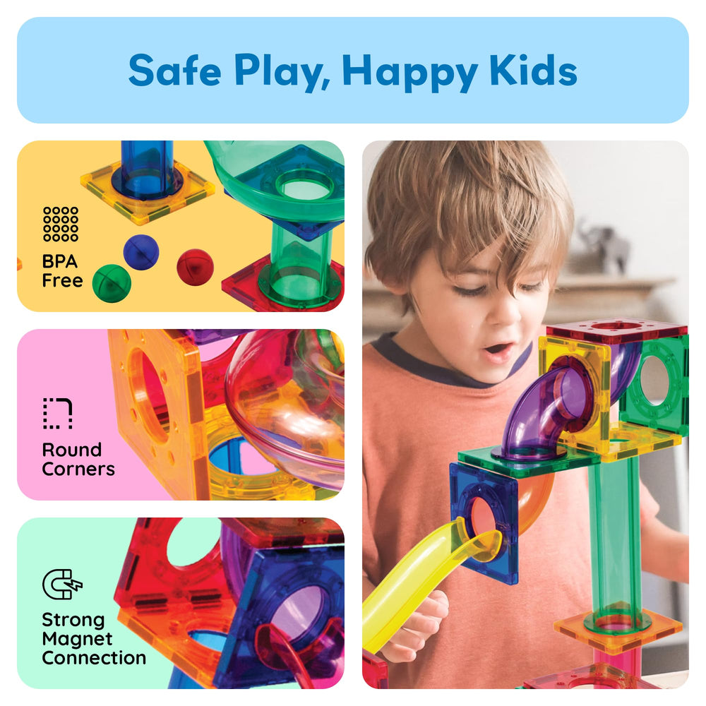 PicassoTiles slopes and funnels form a dynamic marble race for STEM play