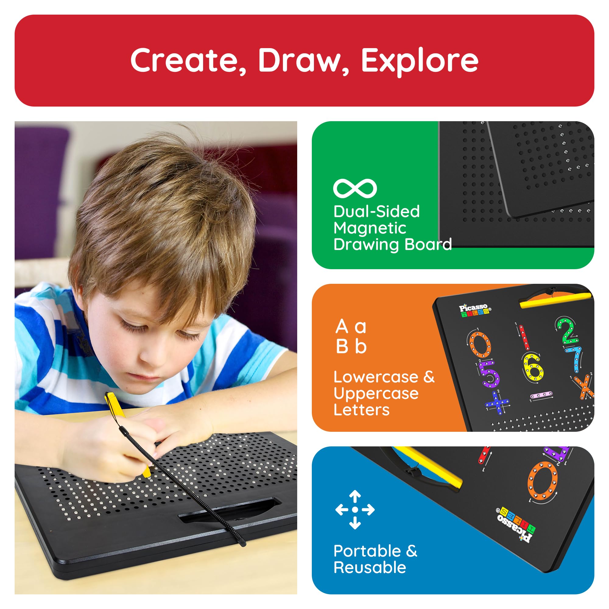 PicassoTiles stylus pen in hand enables guided stroke practice without ink spills.