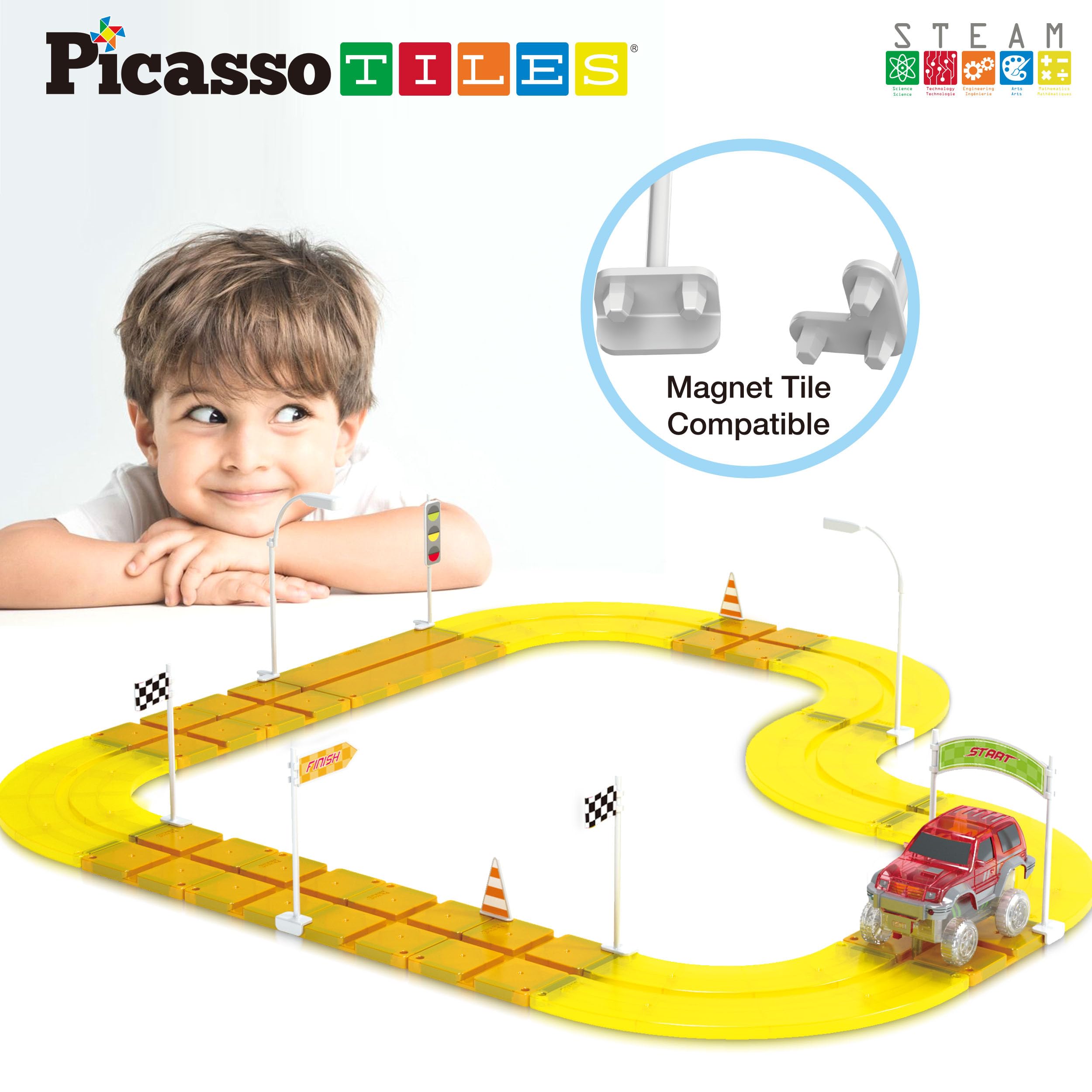 PicassoTiles traffic sign stabilizers keep race components steady during play.