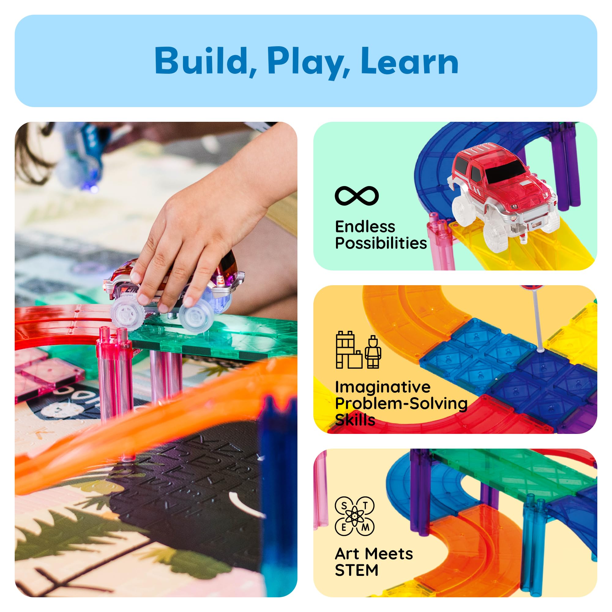 Two PicassoTiles race cars for imaginative play on modular tiles