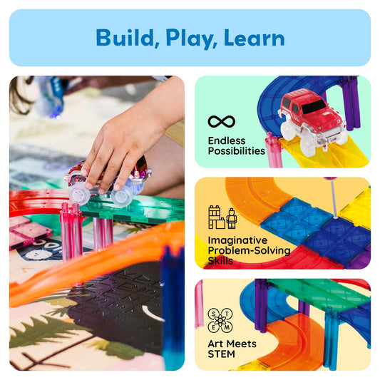 Two PicassoTiles race cars for imaginative play on modular tiles
