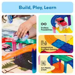 Two PicassoTiles race cars for imaginative play on modular tiles