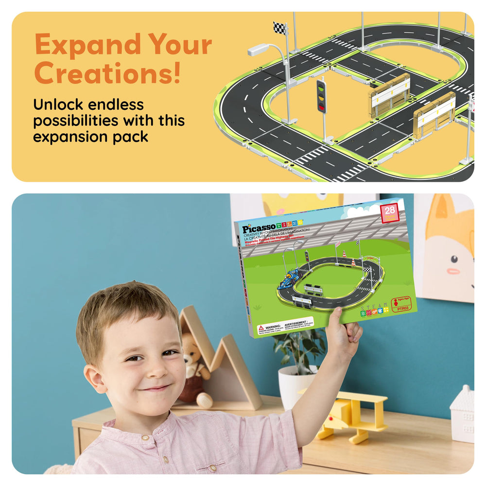 PicassoTiles urban road setup invitations invite kids to plan routes and experiment with layouts.