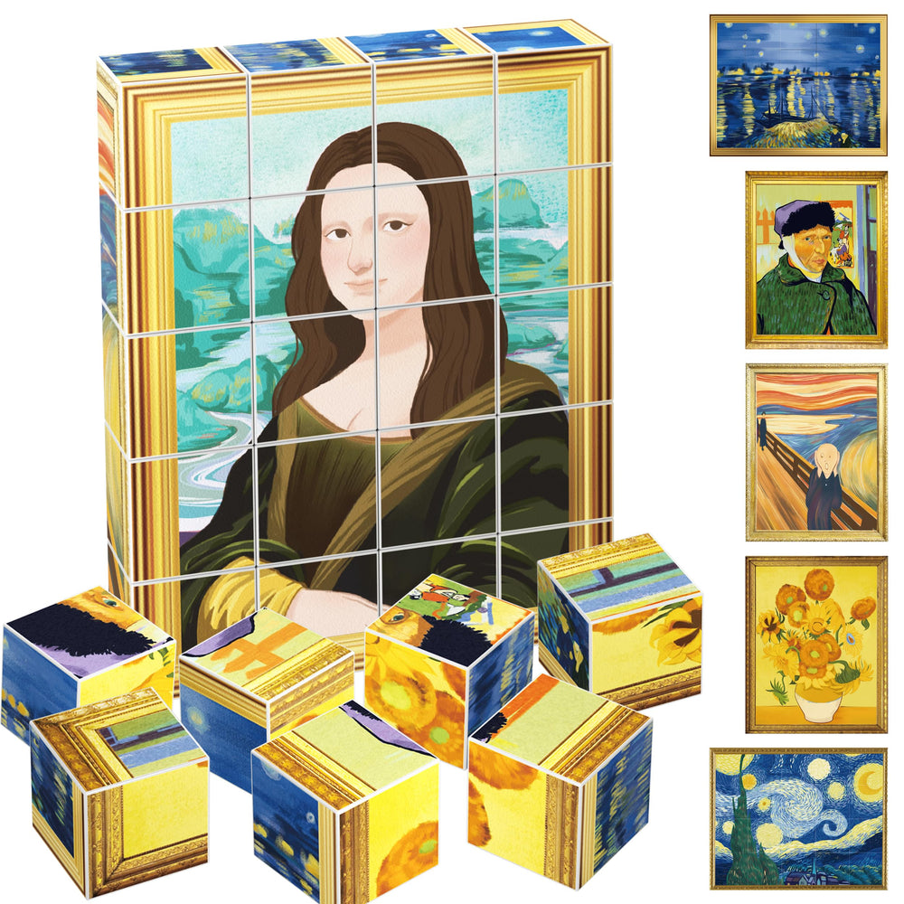 PicassoTiles Van Gogh puzzle cubes stimulate creativity and fine motor skills.