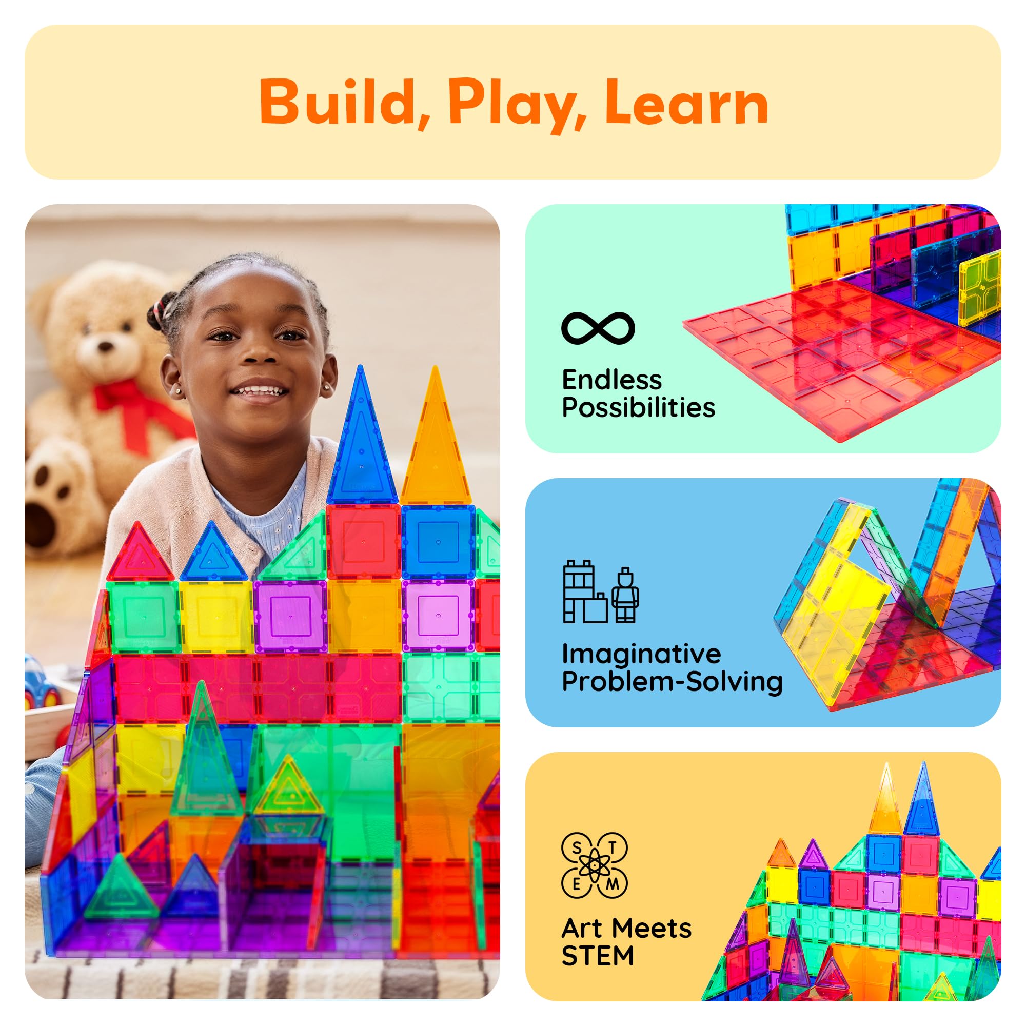 PicassoTiles walls and towers demonstrate open-ended construction play.