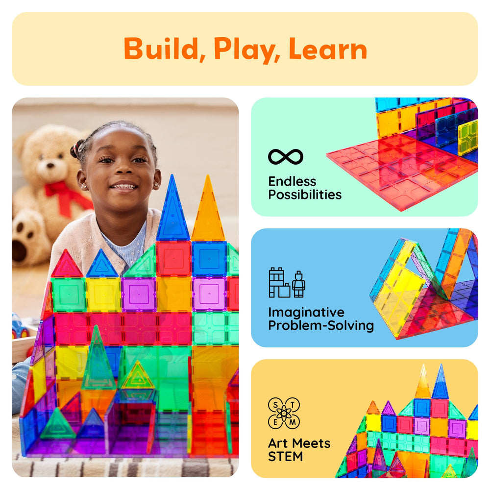 PicassoTiles walls and towers demonstrate open-ended construction play.