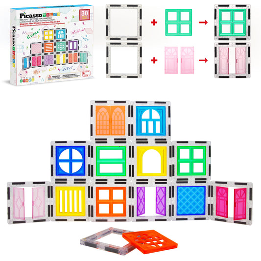 PicassoTiles window clip-on magnetic tiles with operable windows for creative pretend play.