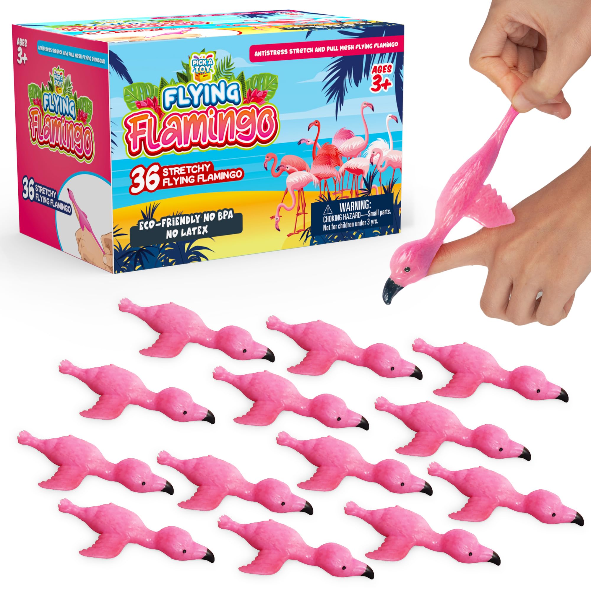 PICK A TOY Flamingo Flicker Toy showing safe, stretchy flying fun for kids