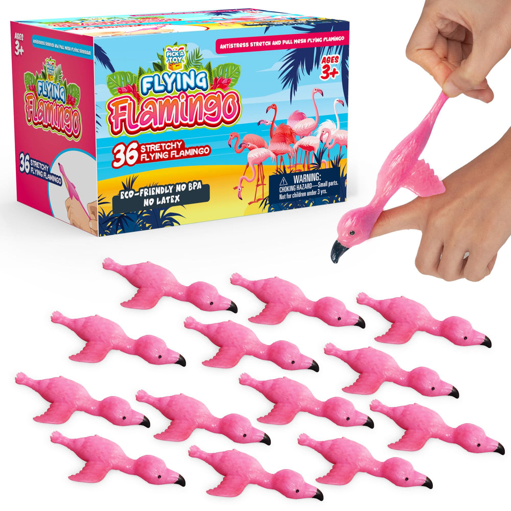 PICK A TOY Flamingo Flicker Toy showing safe, stretchy flying fun for kids