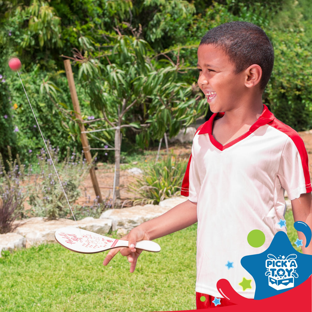 PICK A TOY paddle-ball two-set blue and red ready for sharing and friendly competition.
