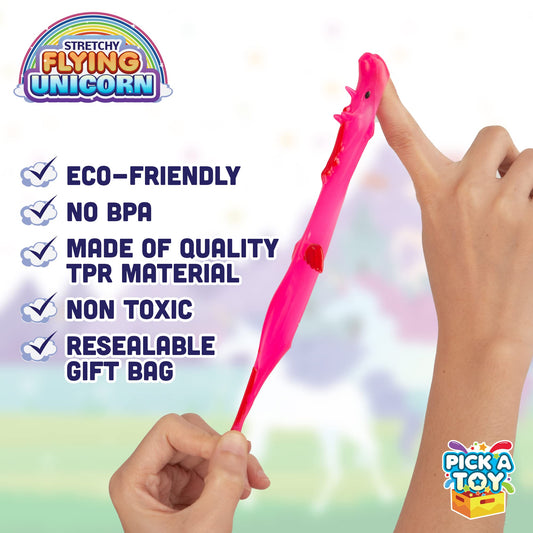 PICK A TOY unicorn 2.5-inch figure offers stretch and launch for crowded play