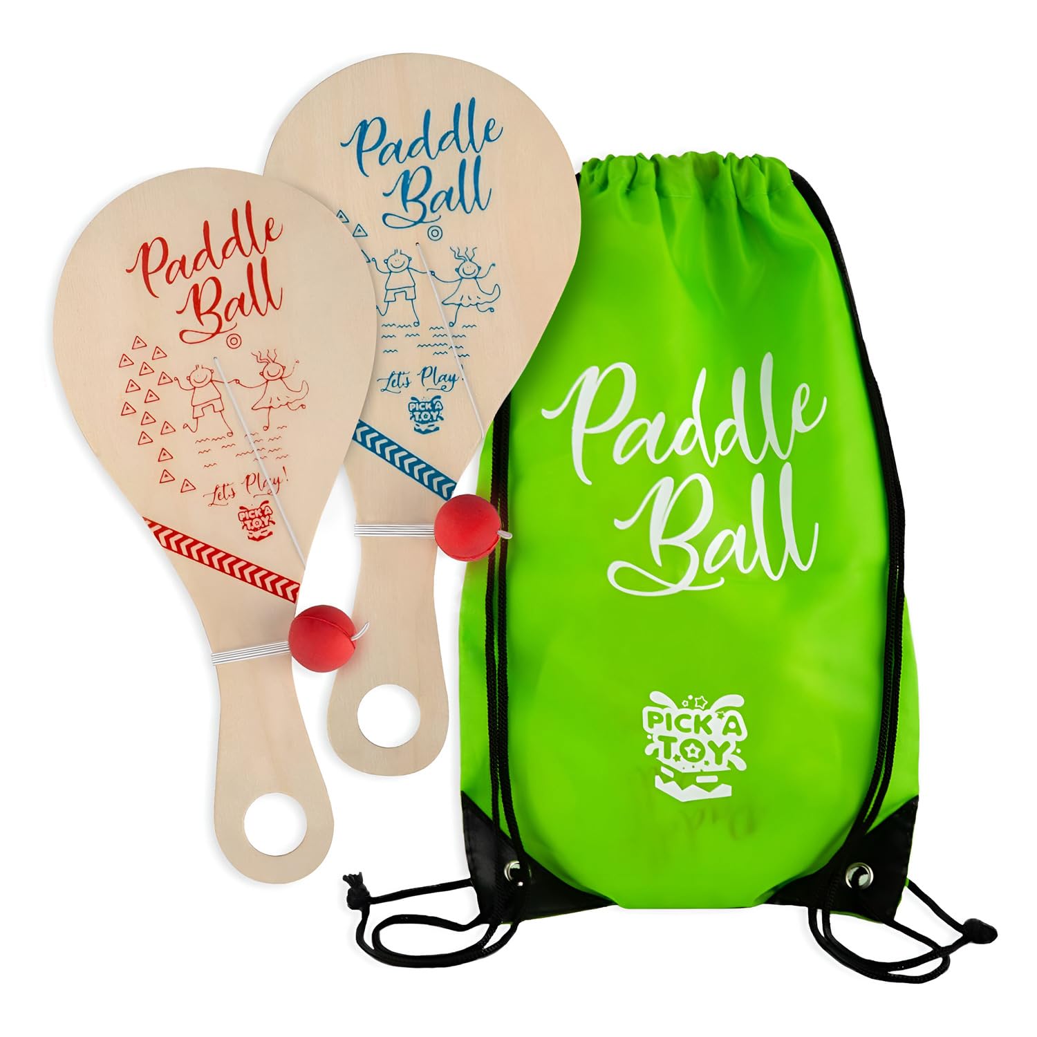 PICK A TOY wooden paddle ball with blue paddle enhances hand-eye coordination during play.