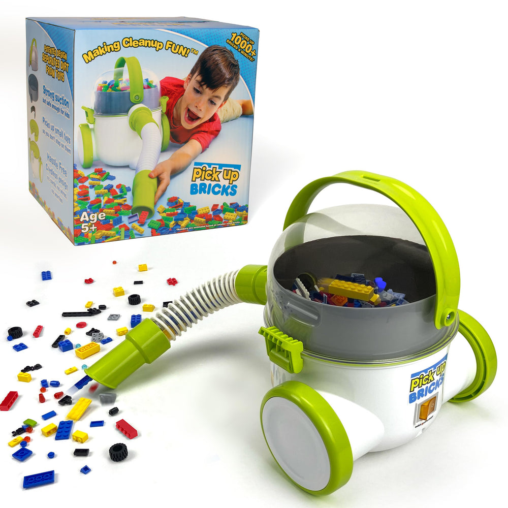 Pick Up Bricks toy vacuum cleaner in action tidies up bricks after play