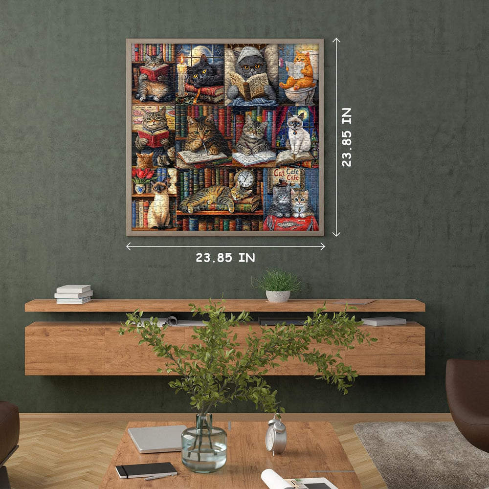 PICKFORU 1000-piece jigsaw showing cats reading among books, great for mindful concentration.