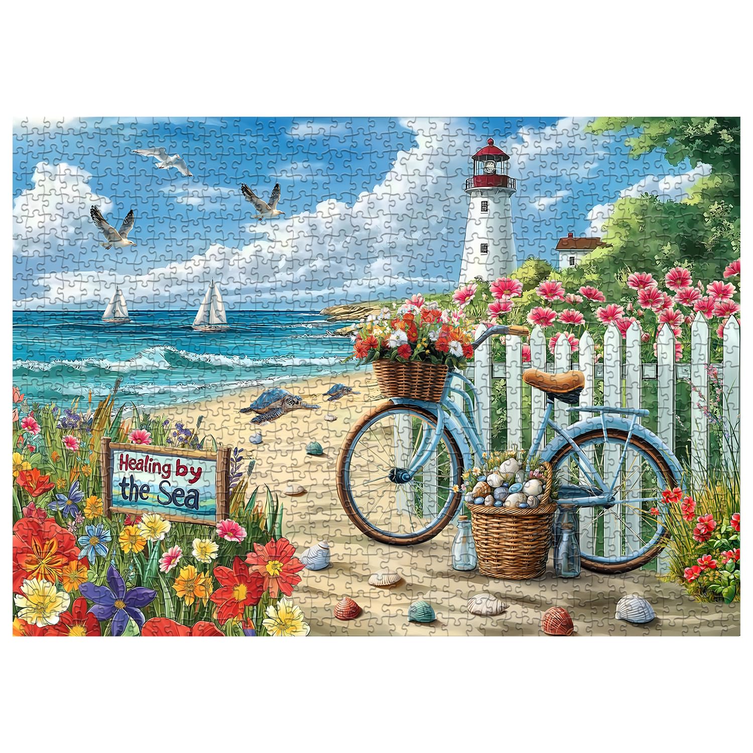 PICKFORU Beach Puzzle flowers-filled bicycle by the sea for relaxing hobby.