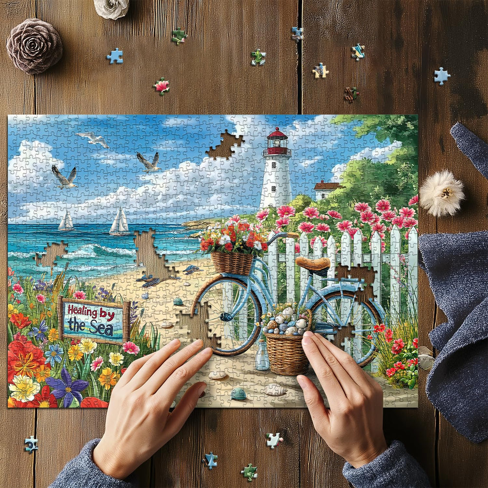 PICKFORU Beach Puzzle ocean blues scene for vibrant wall art.