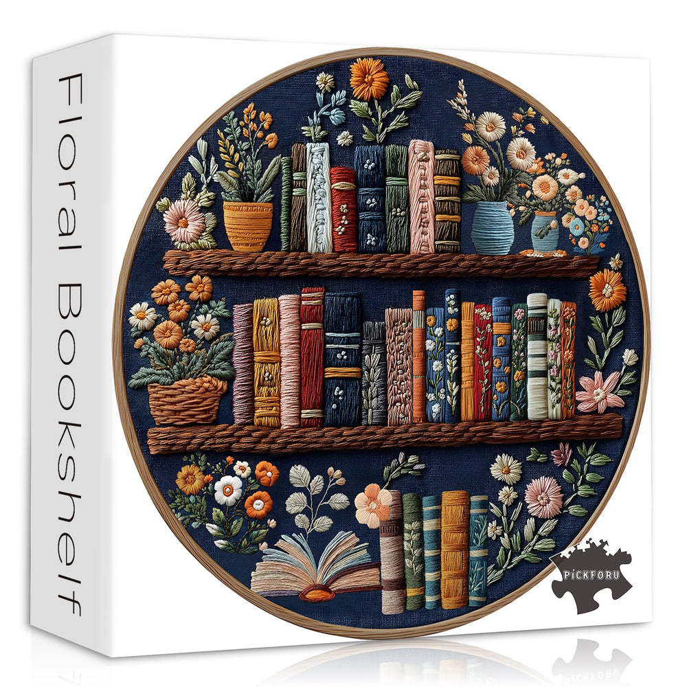 PICKFORU Blooming Bookshelf puzzle with overflowing flowers for a calm round challenge