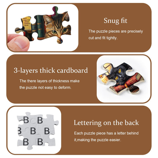 PICKFORU cat library-themed collage puzzle on a bookshelf, perfect for tea time.