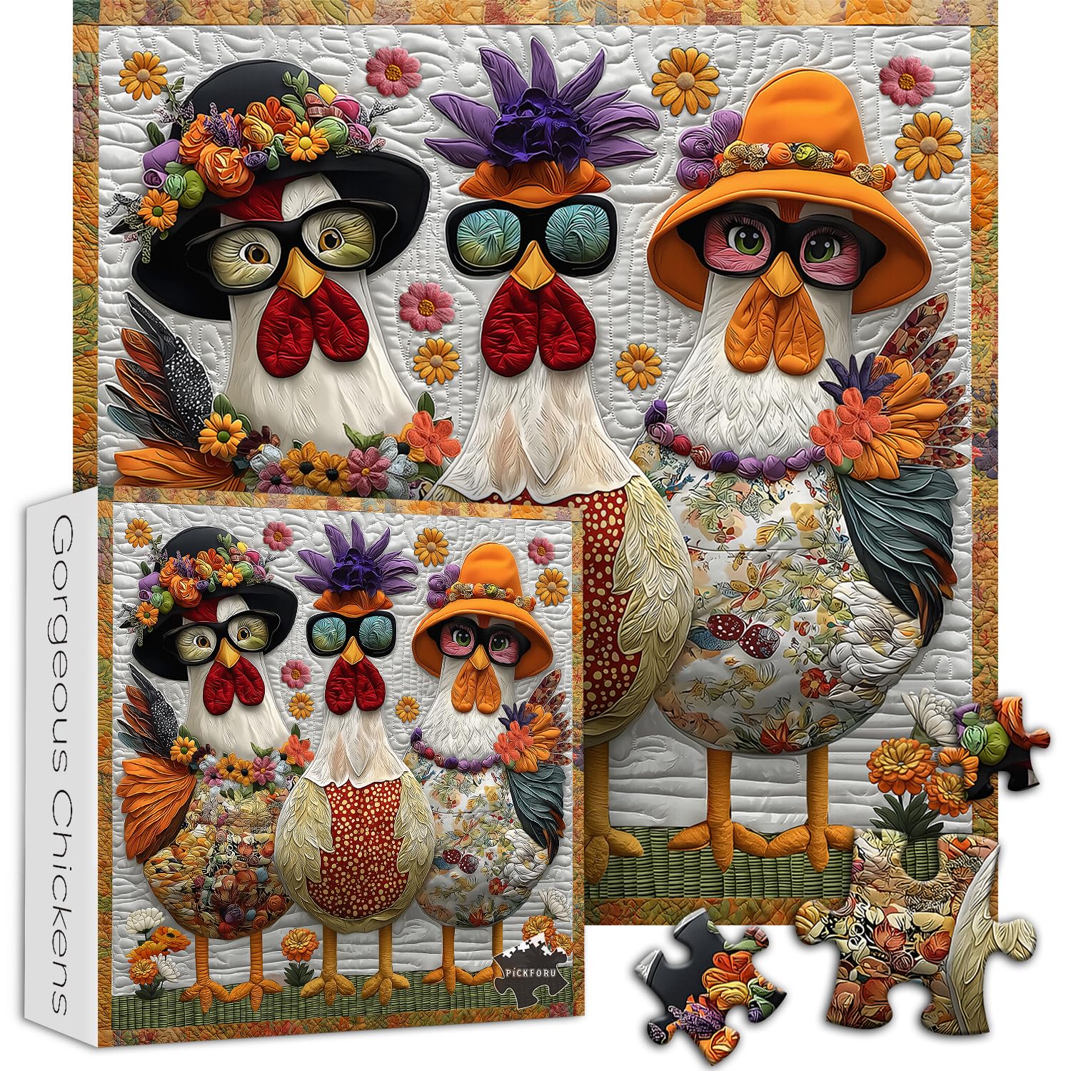 PICKFORU chicks in glasses and flower crowns provide a playful puzzle experience.