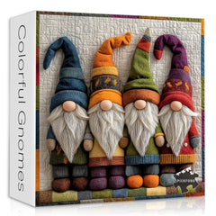 PICKFORU Colorful Gnome Puzzle with three patchwork gnomes for mindful puzzling.