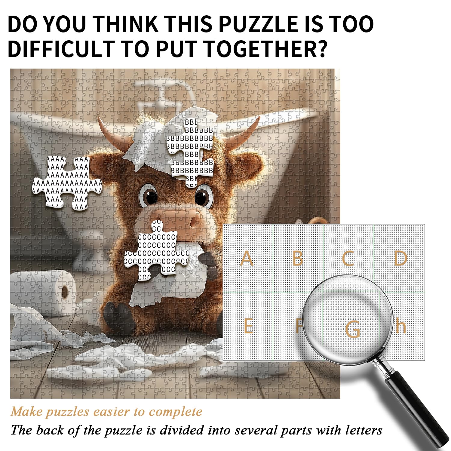 PICKFORU Highland Cow Puzzle playful bathroom scene featuring a calf.