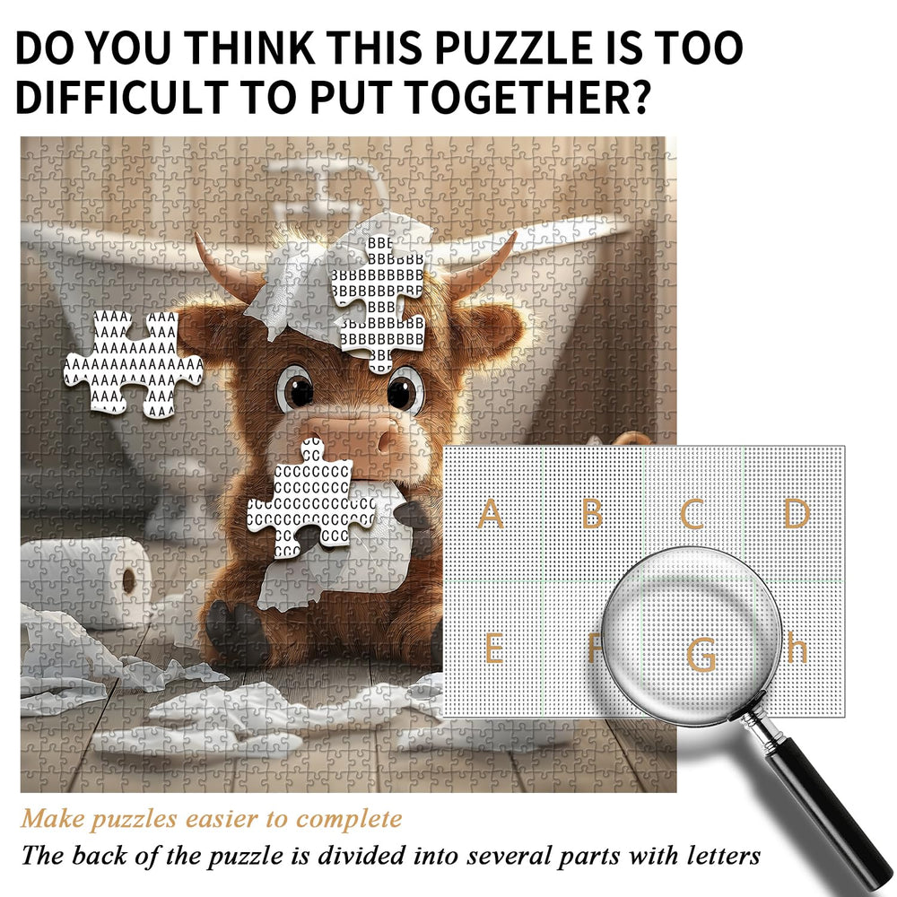 PICKFORU Highland Cow Puzzle playful bathroom scene featuring a calf.