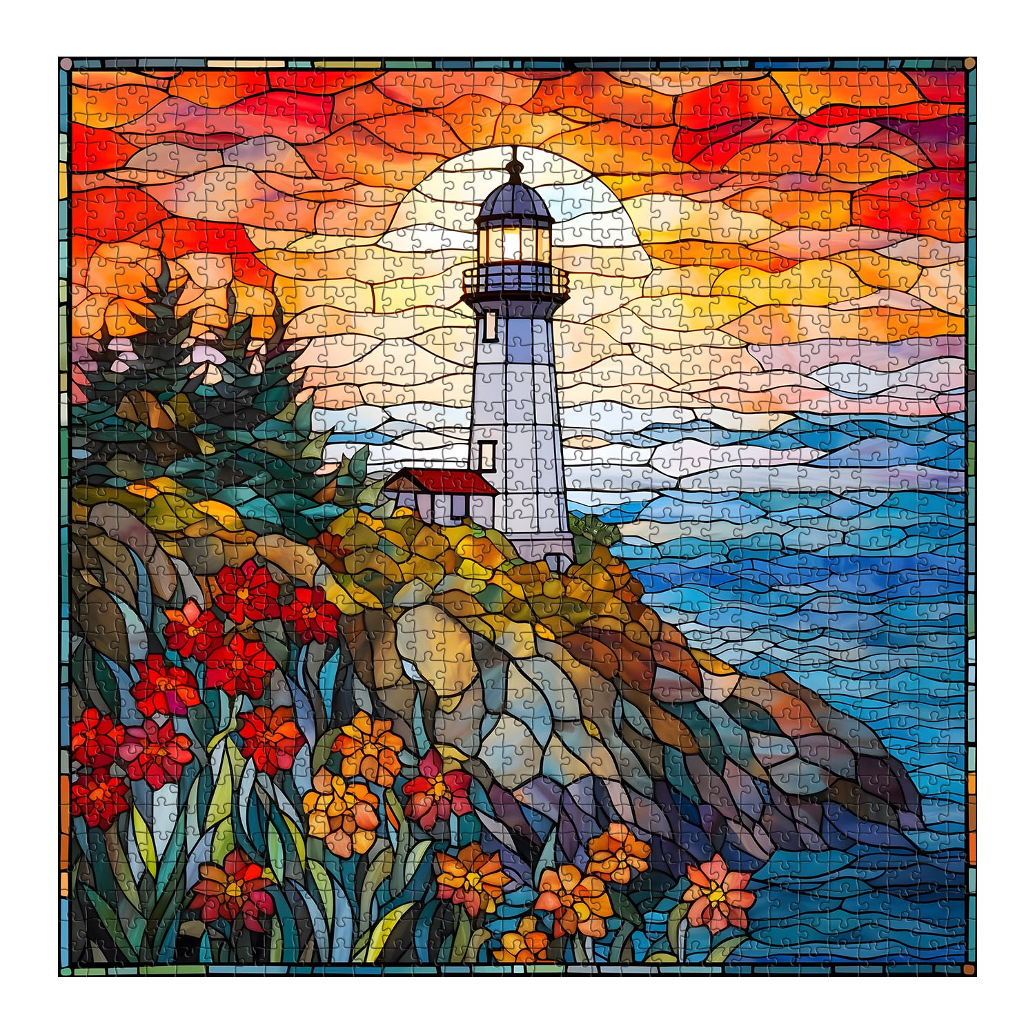 PICKFORU lighthouse flowers mosaic captures vibrant colors for calming puzzle sessions