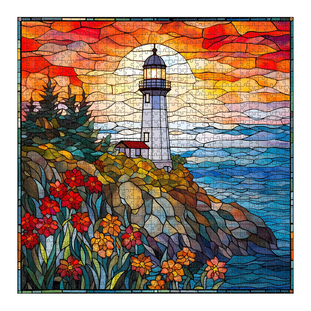 PICKFORU lighthouse flowers mosaic captures vibrant colors for calming puzzle sessions