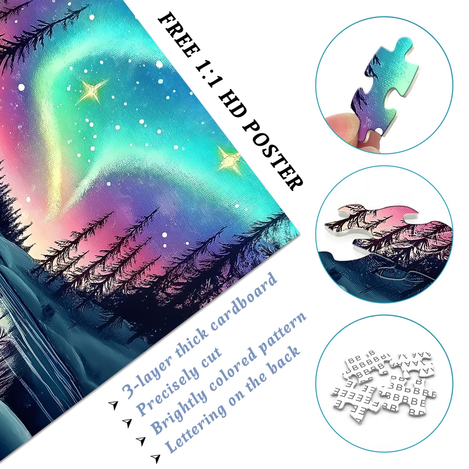 PICKFORU 1000-piece puzzle layout highlights aurora and tranquil lake.