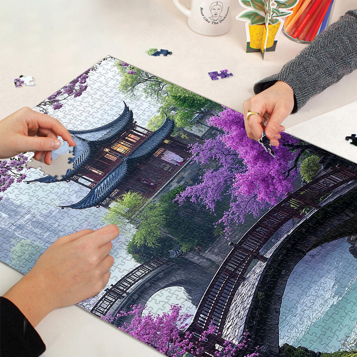 PICKFORU Plum Blossom Dreamscape finished puzzle, ready to display as a focal point