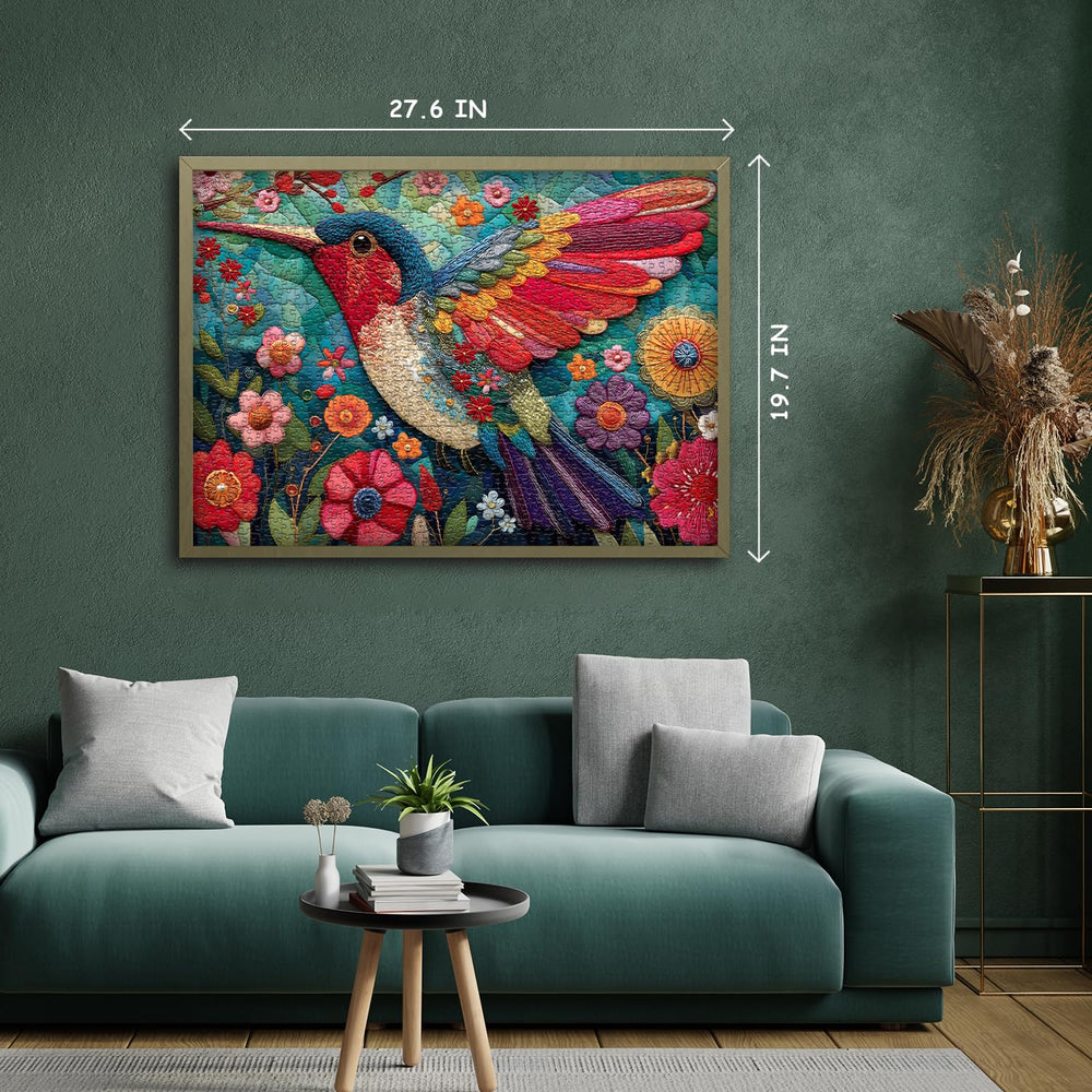PICKFORU quilt-art style puzzle blends bird and flowers in soft tones