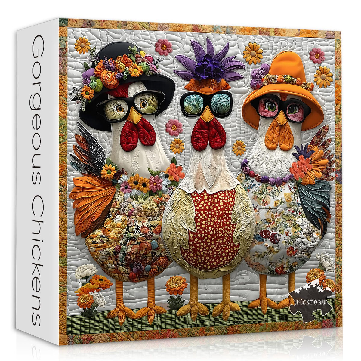 PICKFORU rooster flower patchwork puzzle with bright colors, ideal for wall art.