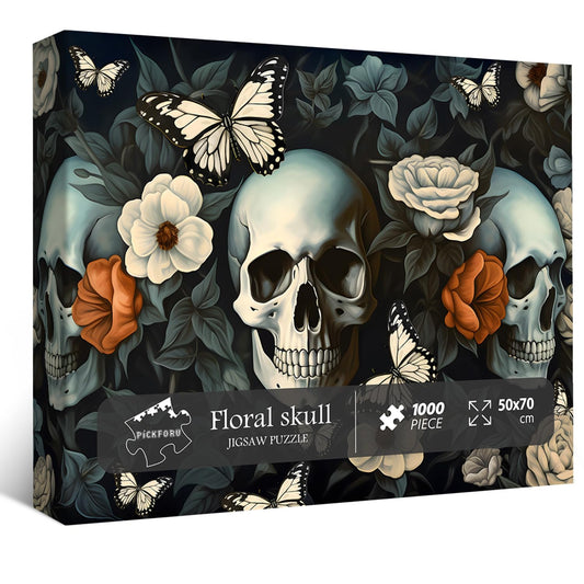 PICKFORU Skull Puzzle 1000 pieces with flowers and butterflies, ideal for challenging, relaxing evenings.