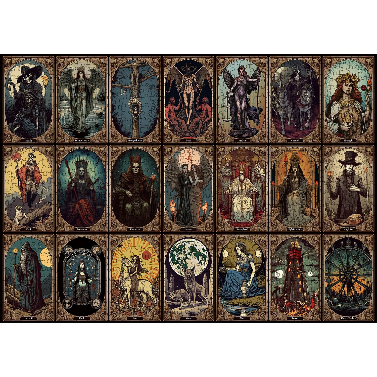 PICKFORU skull tarot art puzzle 1000pc showcases detailed illustration ideal for wall decor.