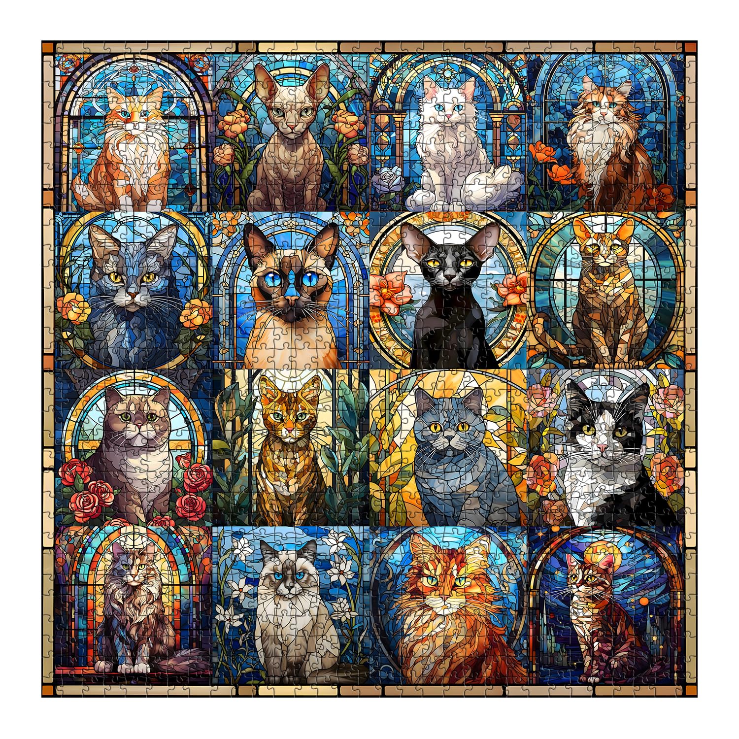 PICKFORU stained glass cat designs highlight 16 colorful feline artworks.