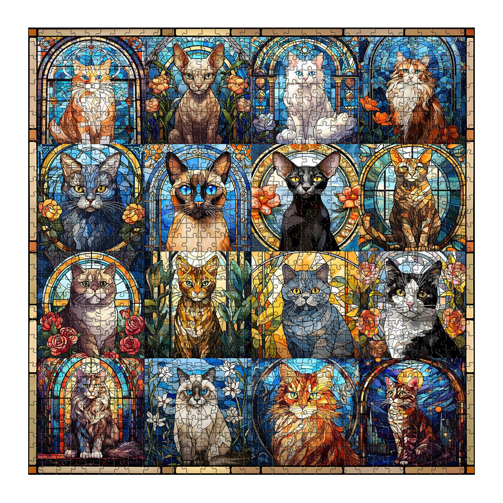 PICKFORU stained glass cat designs highlight 16 colorful feline artworks.