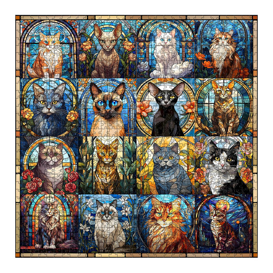 PICKFORU stained glass cat designs highlight 16 colorful feline artworks.