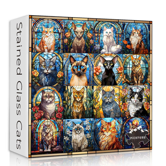 PICKFORU stained glass cats box and poster showcase the puzzle set.
