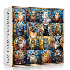 PICKFORU stained glass cats box and poster showcase the puzzle set.