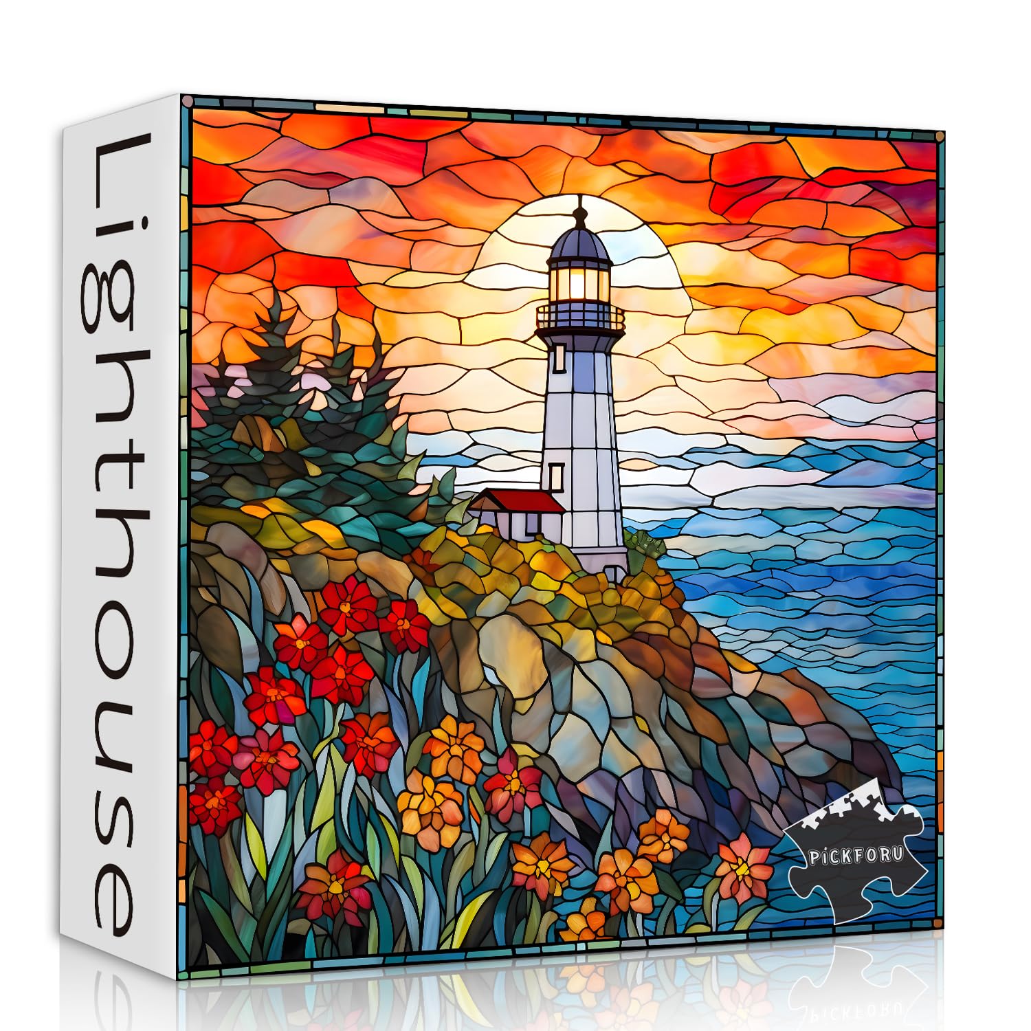 PICKFORU stained glass lighthouse puzzle with 1000 pieces for immersive coastal relaxation