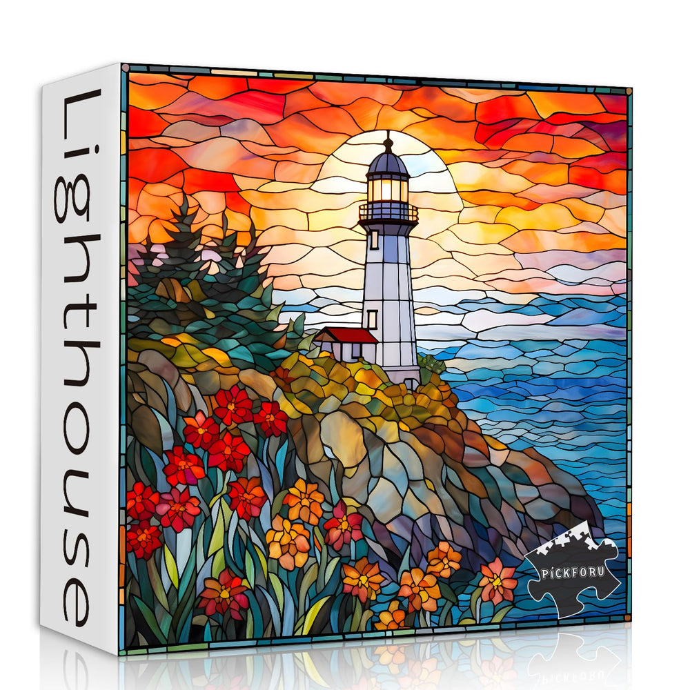 PICKFORU stained glass lighthouse puzzle with 1000 pieces for immersive coastal relaxation