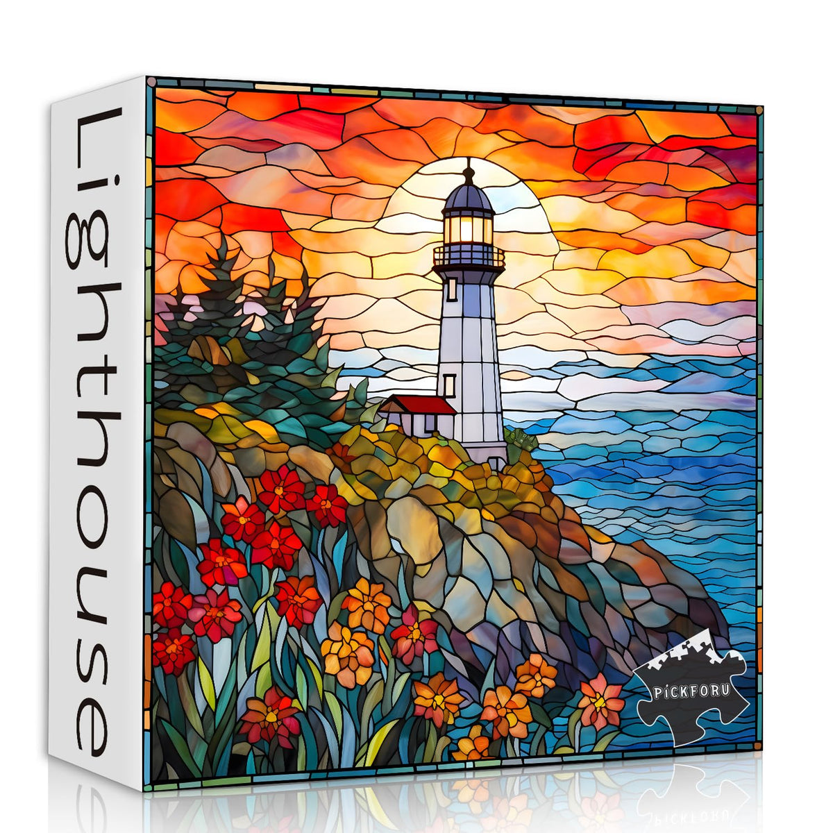 PICKFORU stained glass lighthouse puzzle with 1000 pieces for immersive coastal relaxation