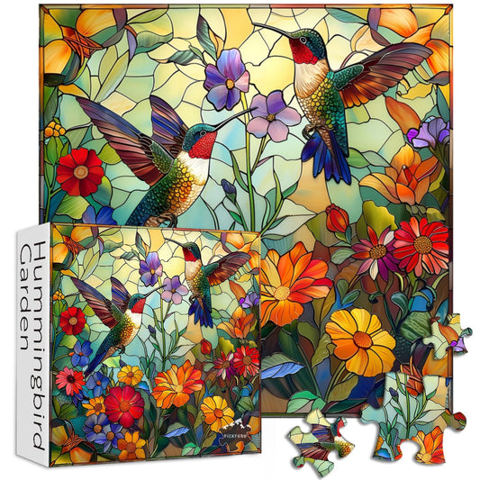 PICKFORU stained glass puzzle with vibrant flowers and hummingbird; perfect for wall display after completion.