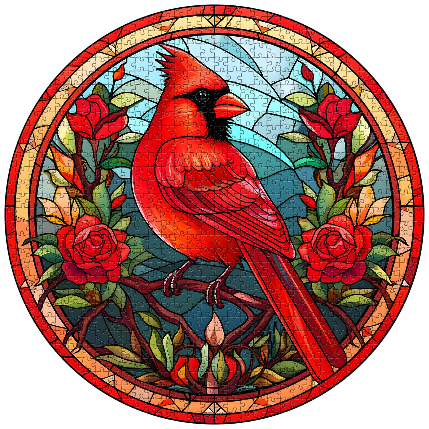 PICKFORU stained glass round cardinal bird with flowers, a vivid backdrop for relaxing evenings.
