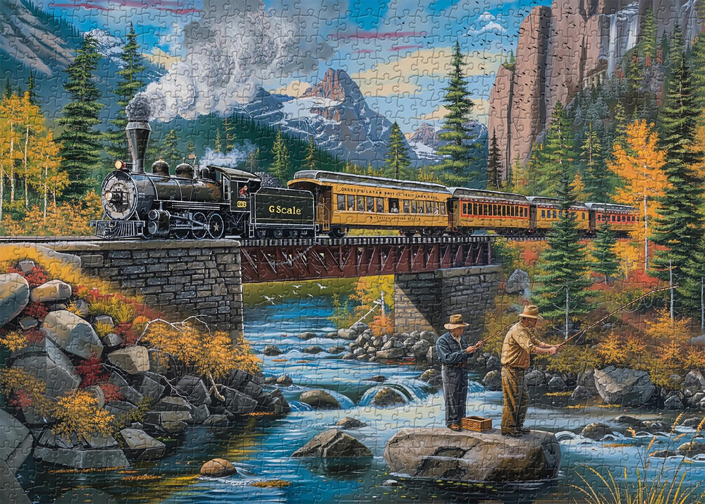 PICKFORU Stream Fishing puzzle cover shows vibrant nature art for relaxing focus