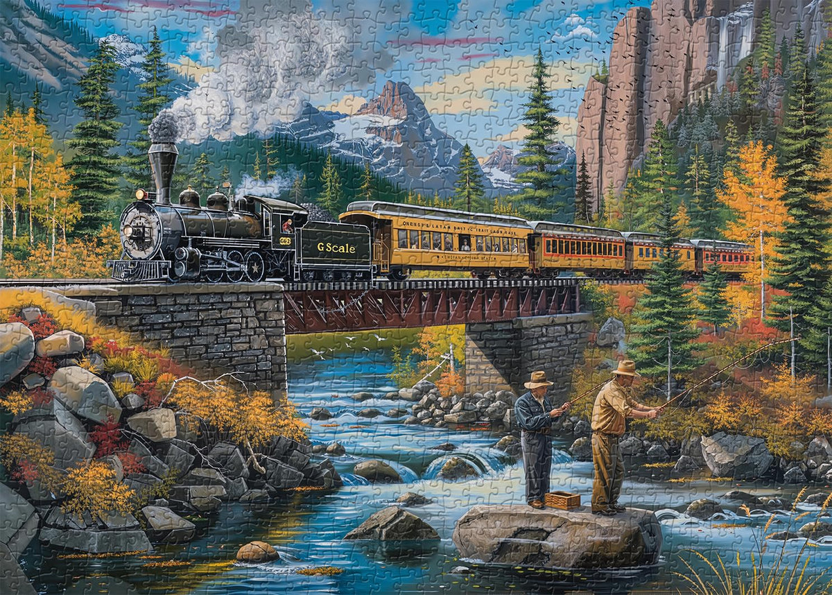 PICKFORU Stream Fishing puzzle cover shows vibrant nature art for relaxing focus