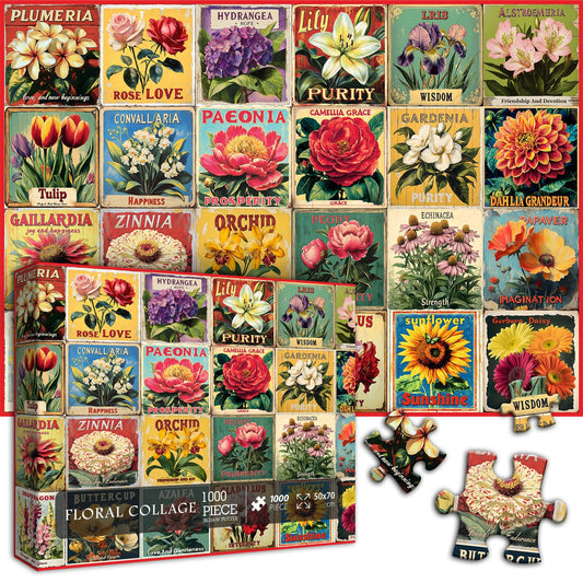 PICKFORU Vintage Flower Puzzle sample flowers show 24 blooms and floral messages.