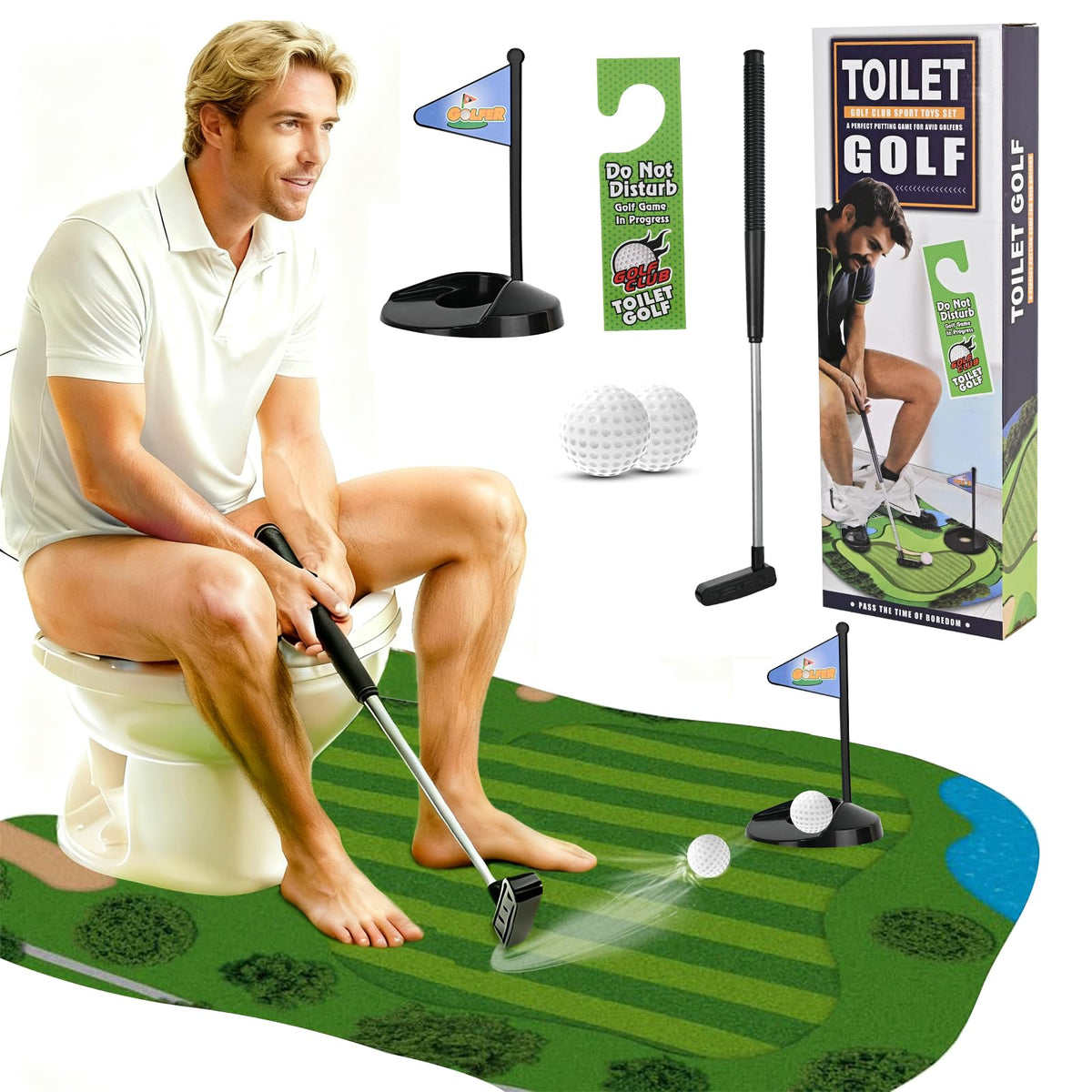 PICKLETECH Toilet Golf green with flag offers a playful bathroom challenge for adults.