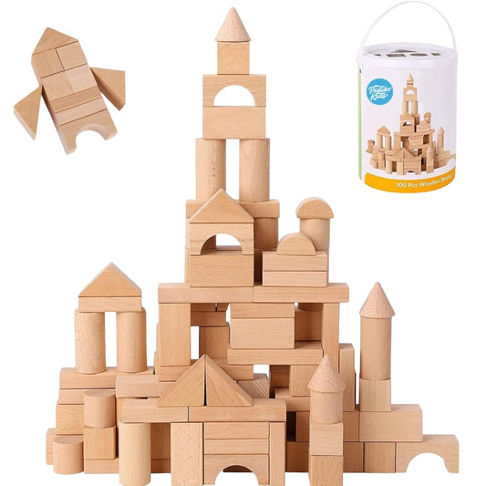Pidoko Kids wooden blocks with storage container promote organized play and easy cleanup.